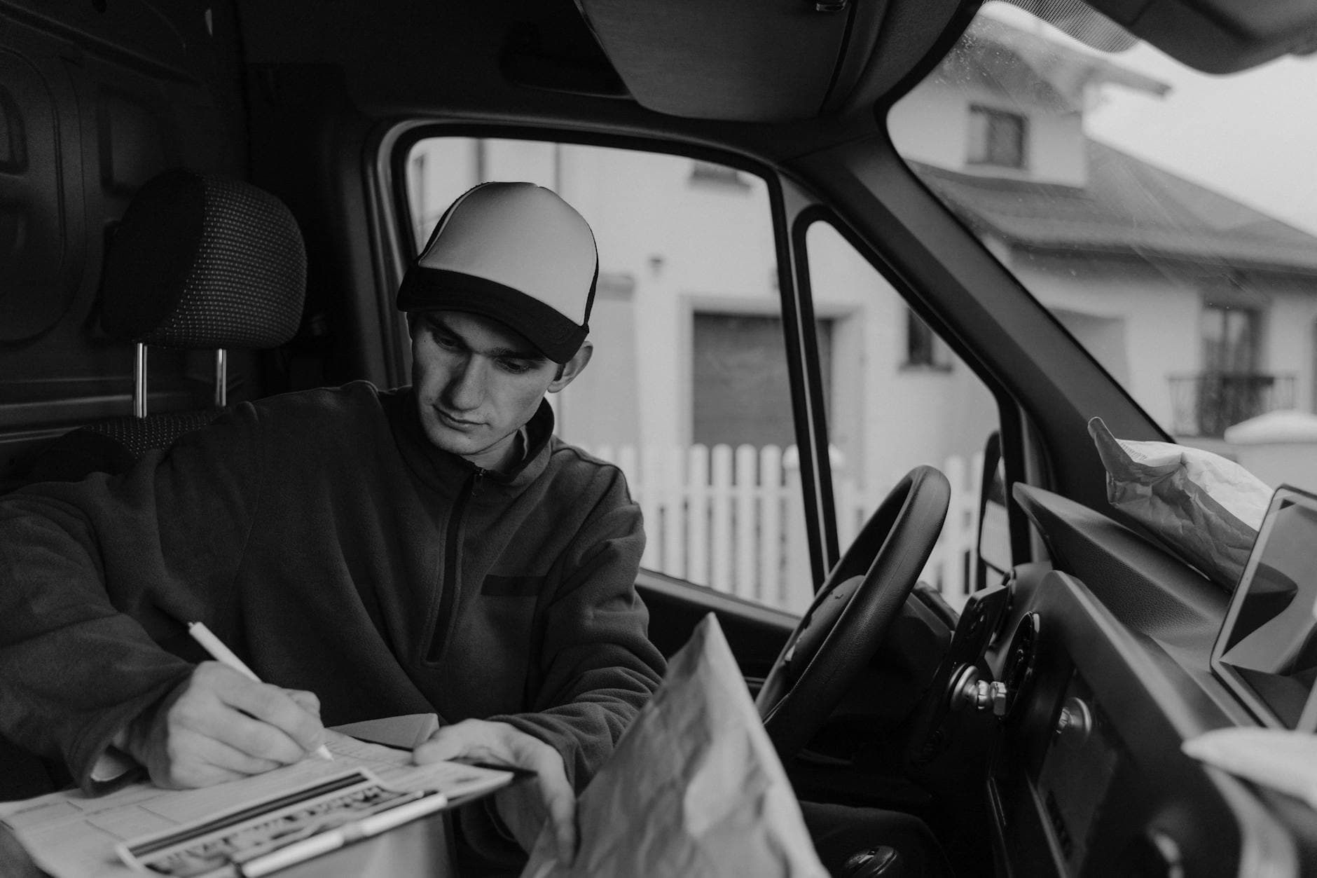 A delivery driver in a branded van checking a smartphone app outside a terraced house in Manchester, UK.