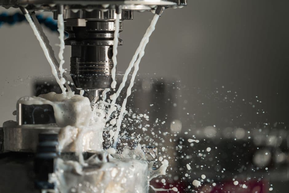 CNC milling machine cutting a metal component on a factory shop floor
