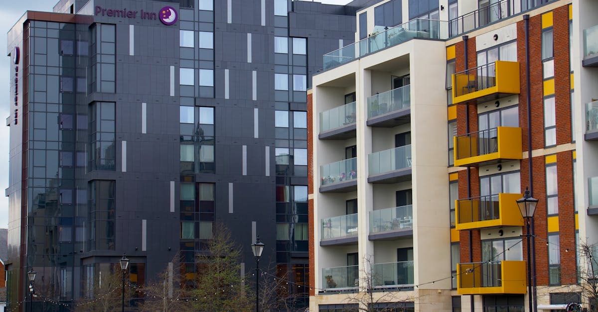Contemporary architecture of apartment buildings near Premier Inn in Bedford, England.