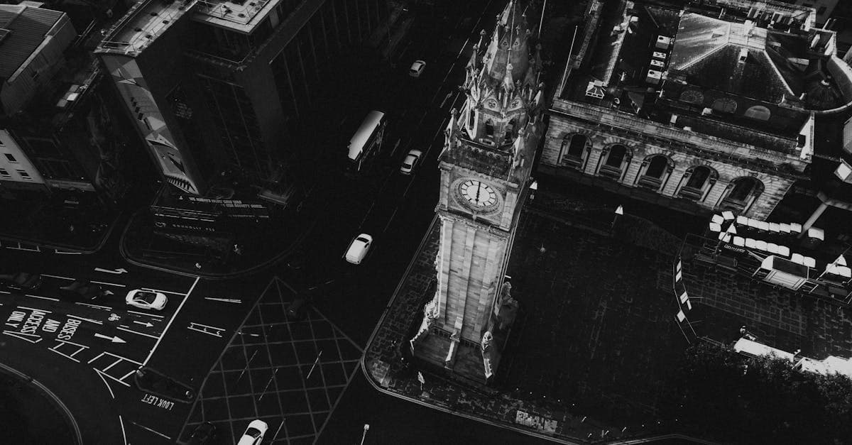 Black and white aerial shot of the Albert Memorial Clock in Belfast, Northern Ireland.