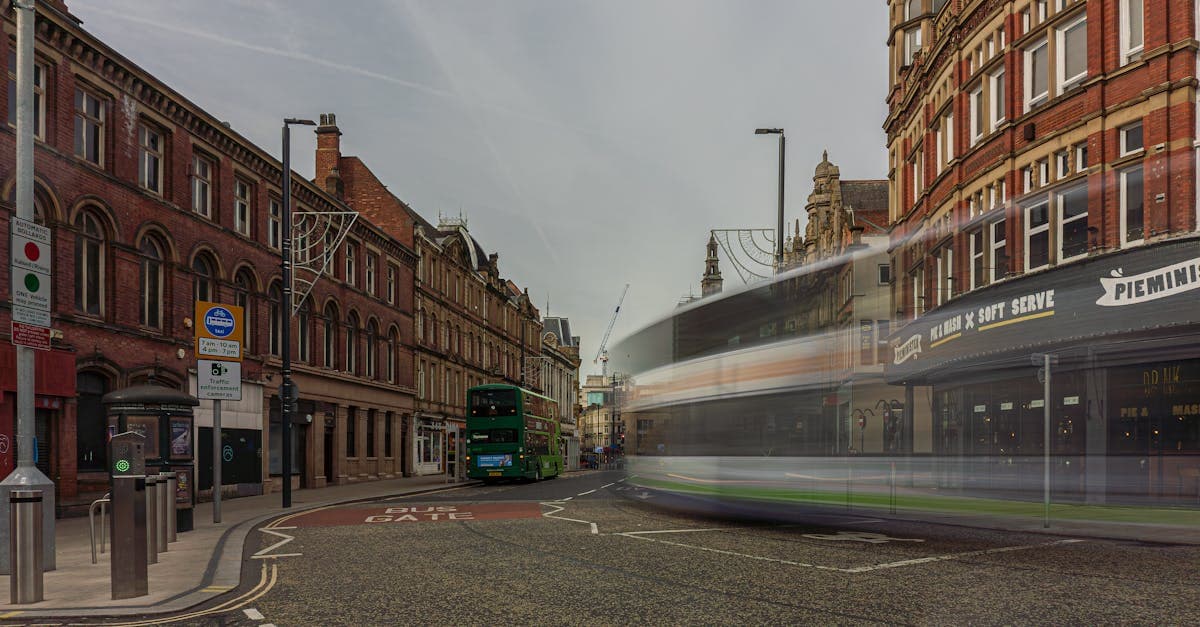 Dynamic long exposure shot capturing movement in Leeds City Center, UK.