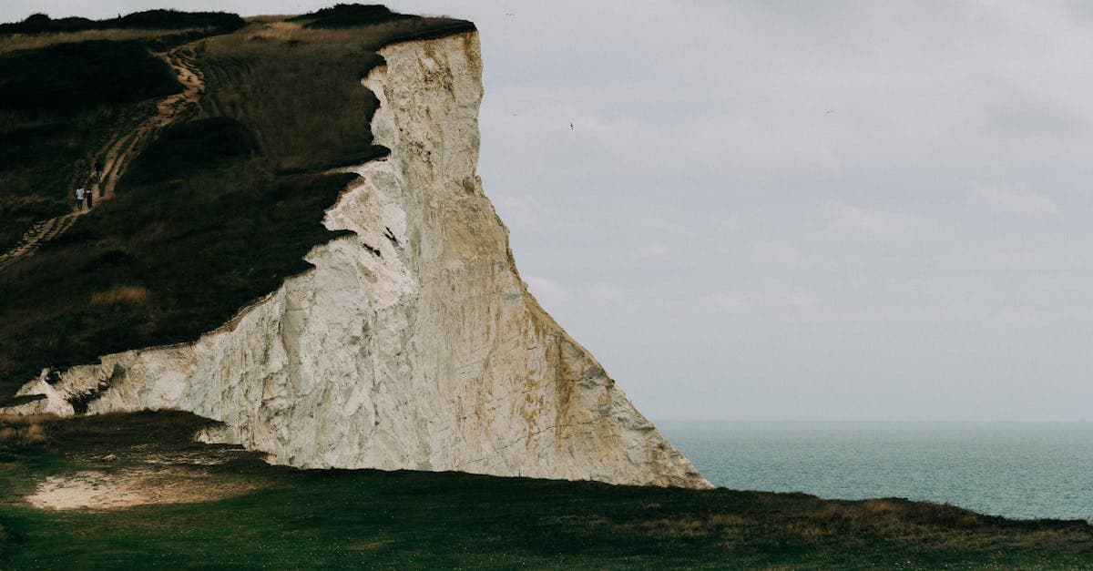 The iconic White Cliffs of Dover overlooking the English Channel on a cloudy day, captured from a scenic viewpoint.