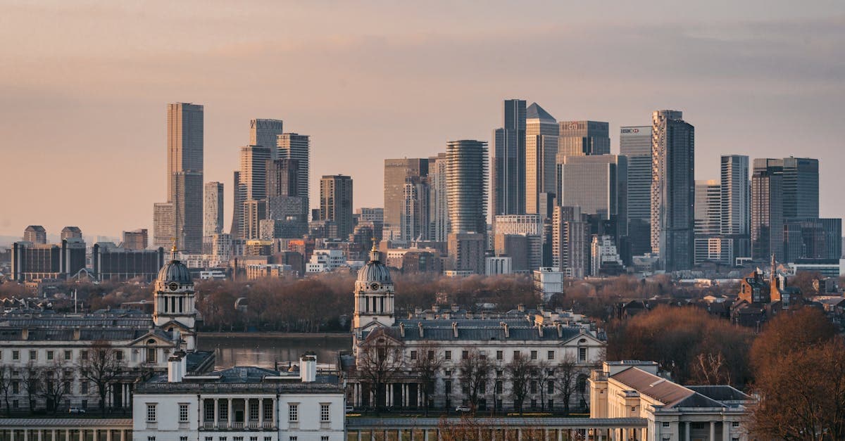 A stunning view of the London skyline with Greenwich Park in the foreground during sunset.