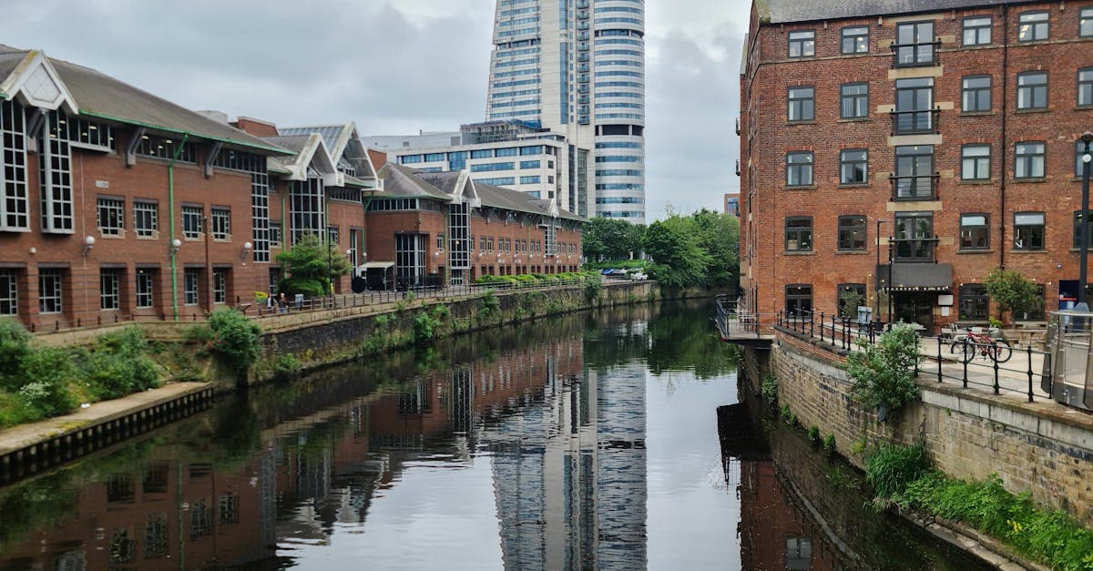 Scenic view of Leeds skyline showcasing a blend of historic and modern architecture along the canal.