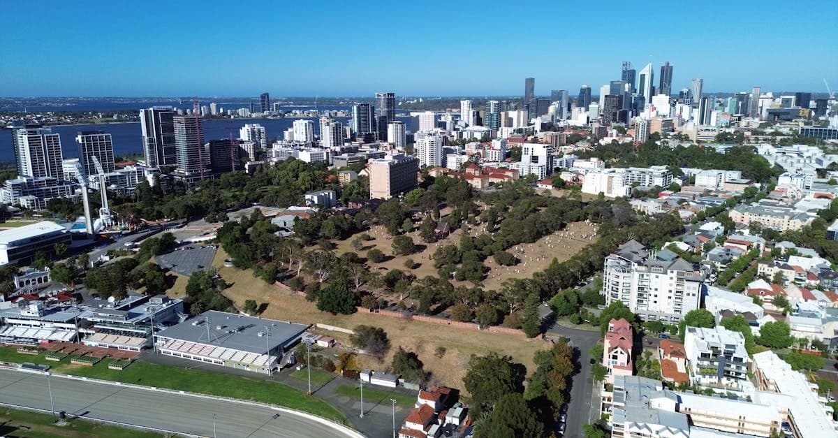 Stunning aerial shot showcasing Perth city skyline, parks, and river in sunny daylight.