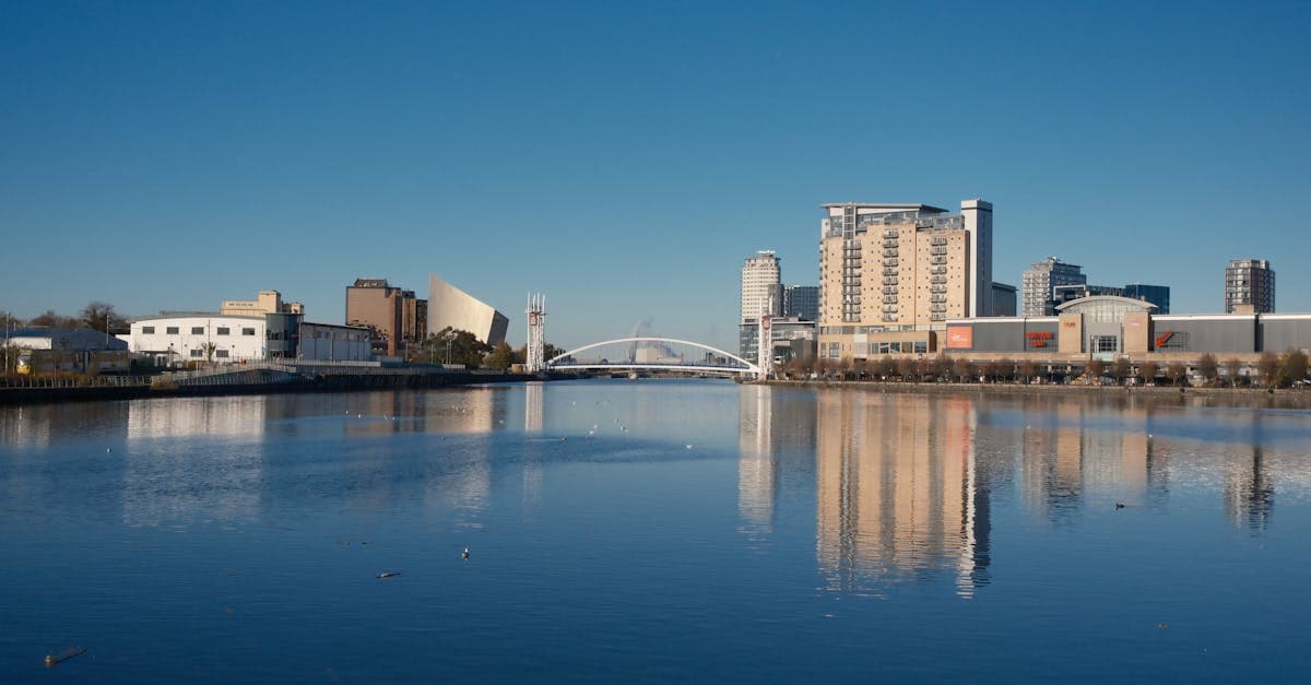A modern city skyline and bridge reflected on calm water on a clear day.
