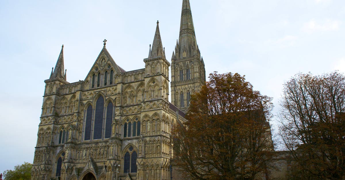 A majestic view of Salisbury Cathedral's gothic architecture surrounded by autumn trees.