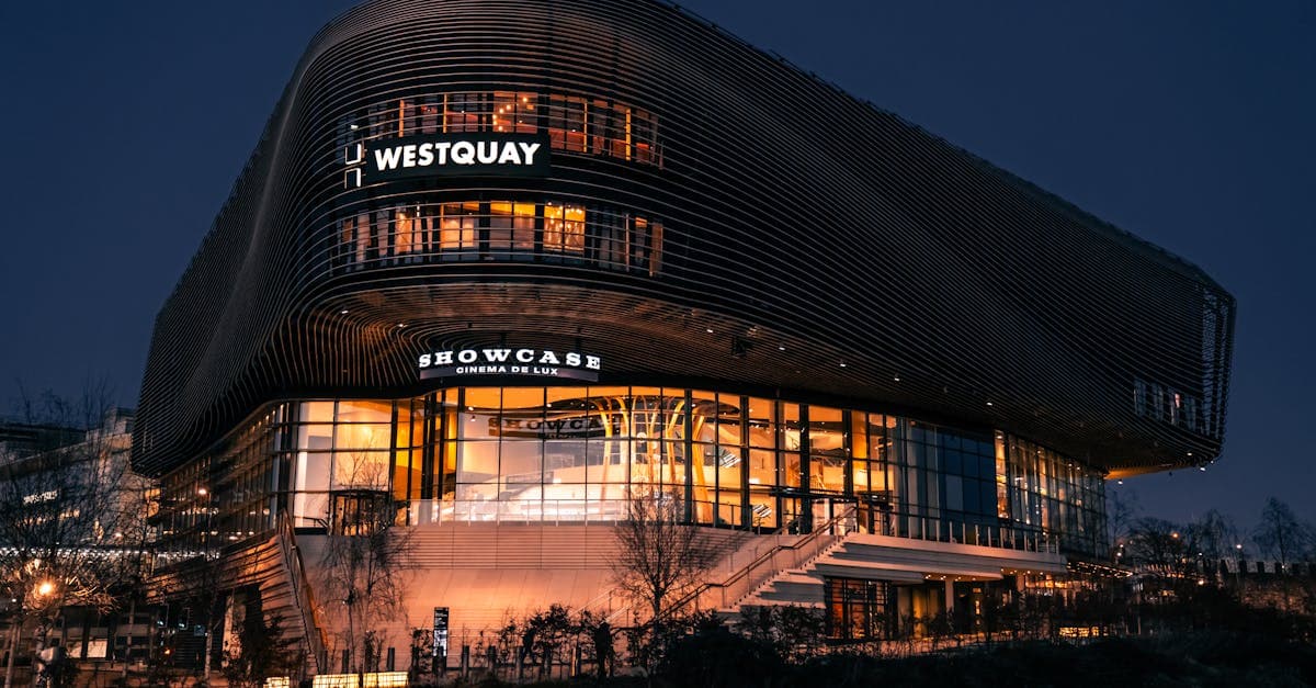 Dramatic night view of Westquay Showcase Cinema in Southampton, UK, beautifully illuminated.
