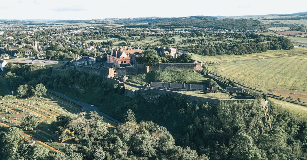 Drone view of a historic castle surrounded by lush greenery in a rural landscape.